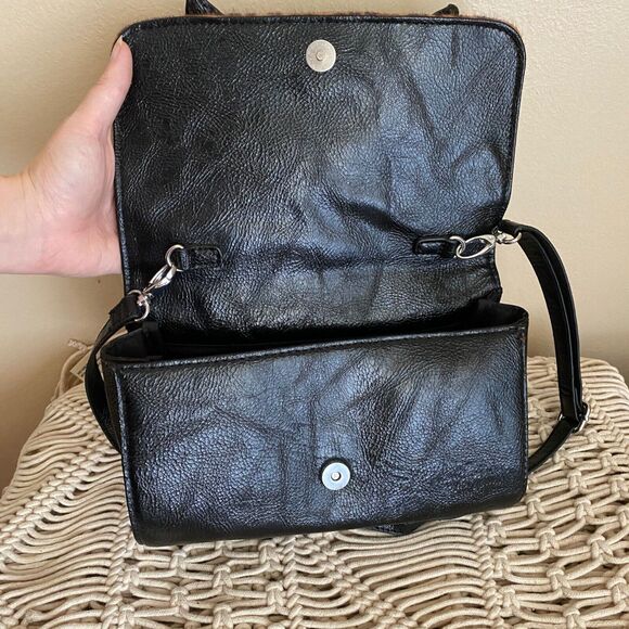 Call It Spring Fuzzy Leopard Print Black Faux Leather Shoulder Handbag Purse - Picture 5 of 7